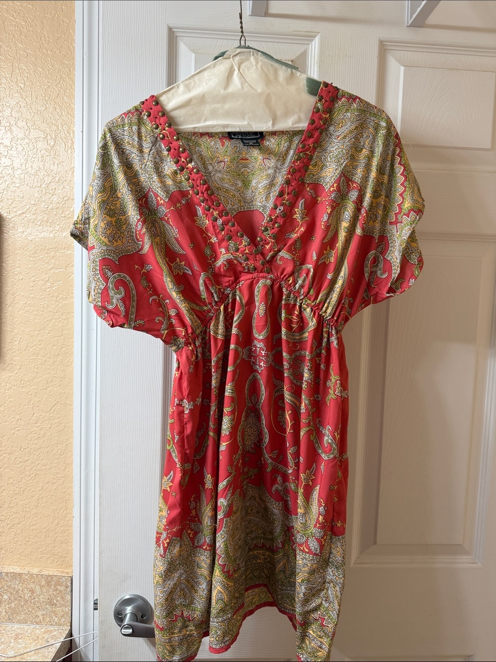 Angie Red Paisley Mini Dress with Gold and Green Accents